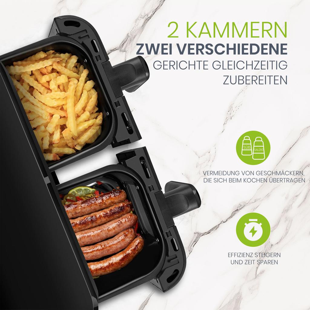 Air Fryer 10L XXL with Dual Chamber Dual Zone for Families, Fryer with LED Touchscreen, Adjustable Time and Temperature, 8 Cooking Functions