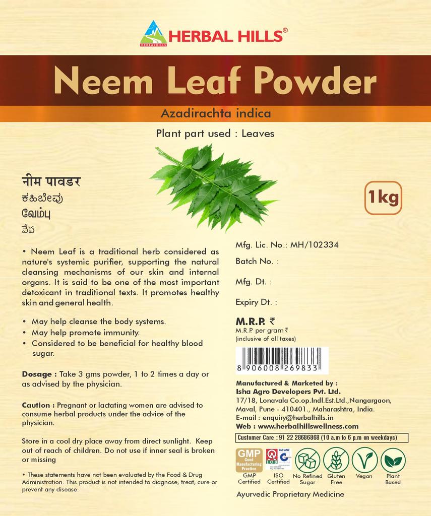 Herbal Hills Neem Powder, (1kg Pack) | Supports Clear Skin, Acne Control & Hair Growth | Neem Churna For Pimple-Free Face & Scalp Detox | With Az