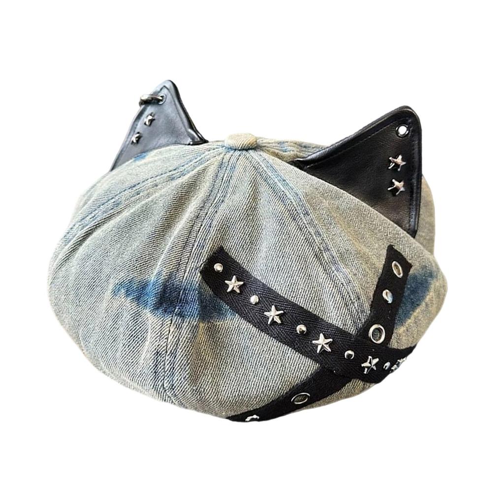 Soft Cotton Studded Cats Ear Hat Adjustable Head Size Vintage Unisex Beret For Theme Event Outfits