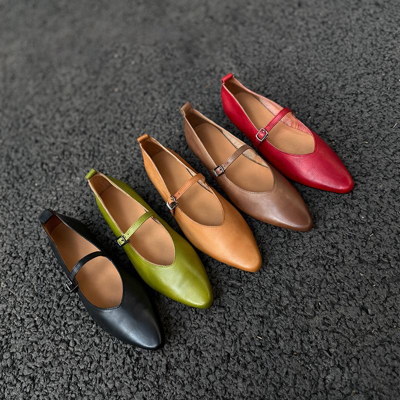 Johnature Retro Buckle Strap Pointed Toe Soft Soled Soft Cowhide Women's Genuine Leather Flats Shoes