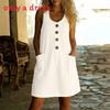 Abito Estivo Casual Senza Maniche in Lino Monocolore Giuntato con Scollo a U per Donna