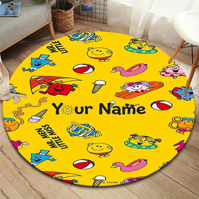 Mr Men Adventure Custom Name Round Area Rug Carpet Rug For Living Room Bedroom Sofa Playroom Decor Nonslip Floor Mat