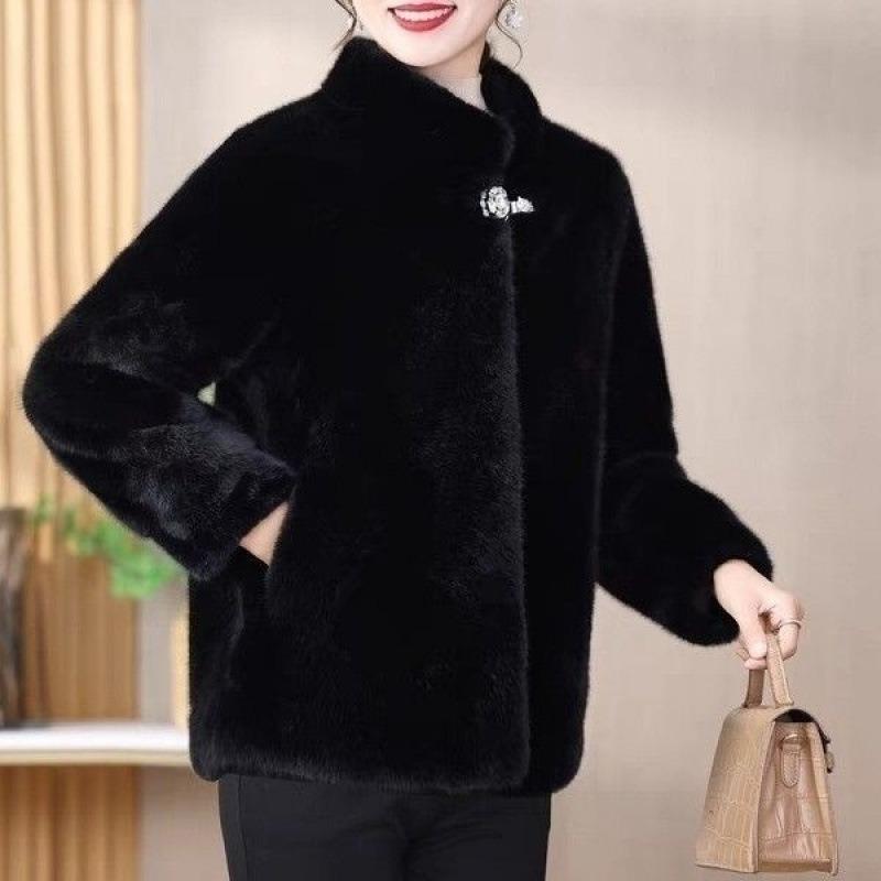 Autumn and winter new short stand-up collar imitation mink leather imitation fur jacket for women's middle-aged and old mothers