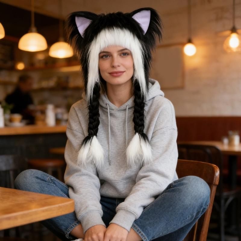 Soft Furry Animal Ear Hat with Braids for for Women and Girls Cartoon Earflap Hat Cosplay Winter Party and Themed Event