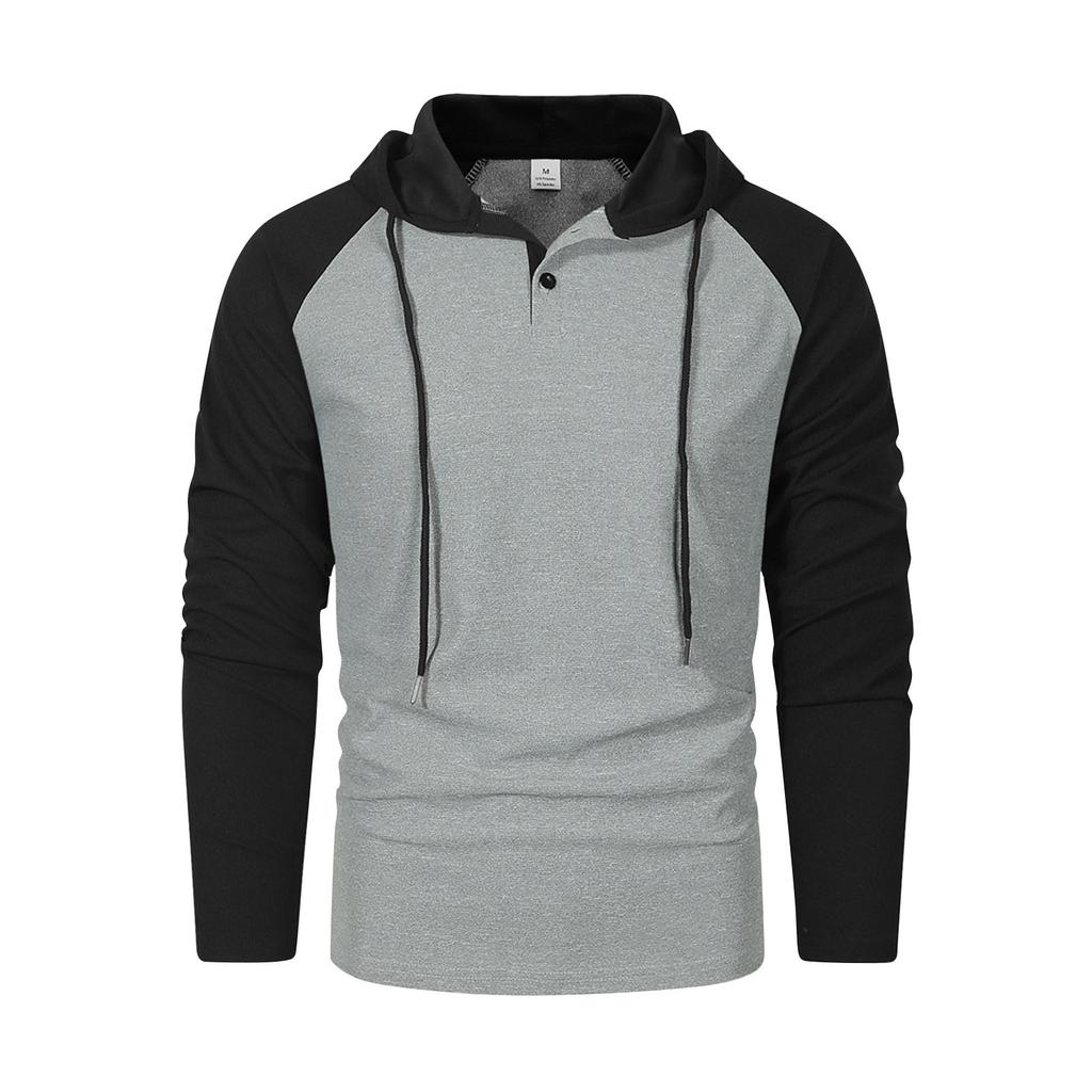 Men's Raglan Sleeve Colorblock Button Collar Hooded Sweatshirt Men's Sports Large Size Casual Pullover Sweatshirt