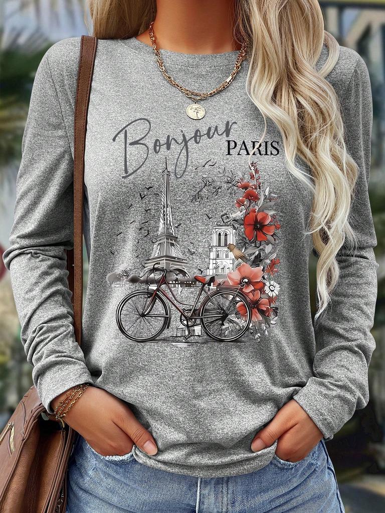Women's Romantic Paris Print Casual Comfortable Long Sleeve T-Shirt, Versatile For Home Or Street Wear, Chic Spring/Summer Fall Cloth For Women