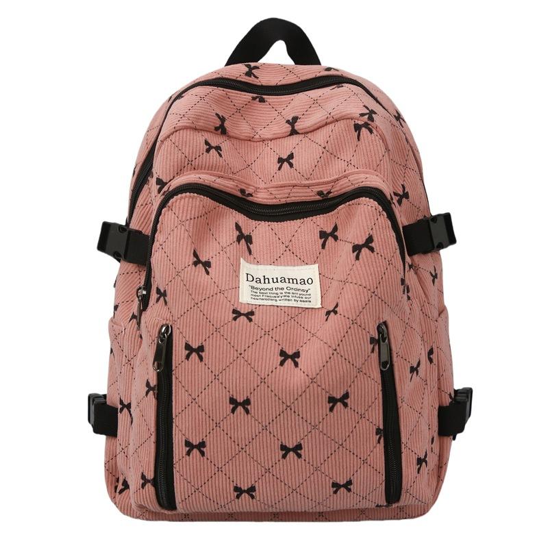 Schoolbag trendy schoolbag women's new corduroy large capacity bow printing student backpack high value backpack