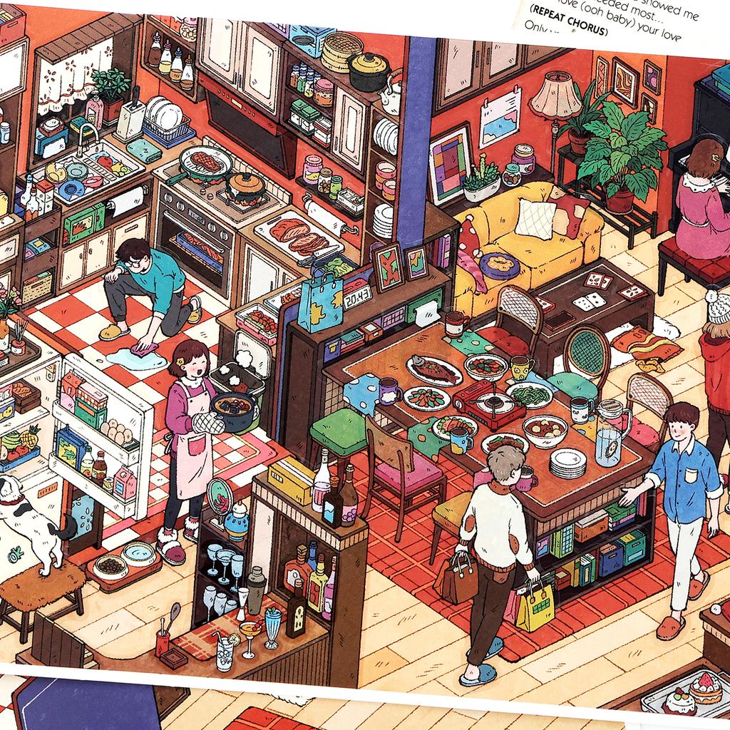 Kawaii Stay-at-Home Diary 3D Family Gathering Landscape Sticker DIY Pocket Cabin Scene Festival Gift