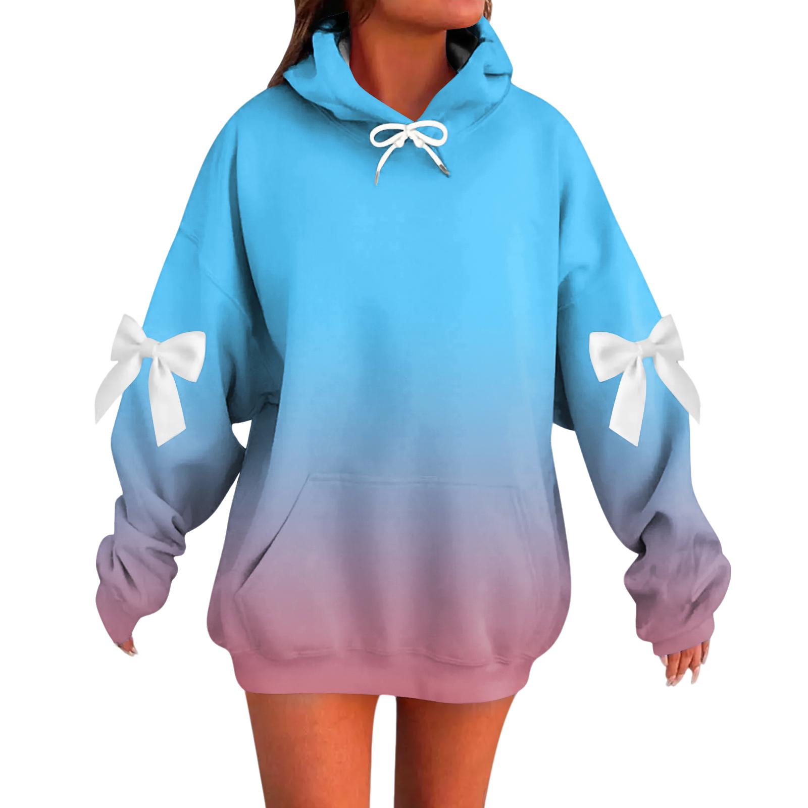 

Женский градиентный принт, бант, длинный рукав, свободный крой, повязка на голову с веревочным капюшоном, толстовка-топ S