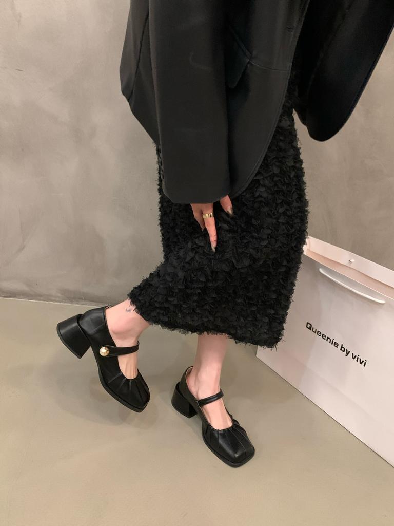 Fashion French High Heels Silver Temperament Mary Jane Single Shoes Women's Shoes New Summer Square Head Black Small Leather Shoes