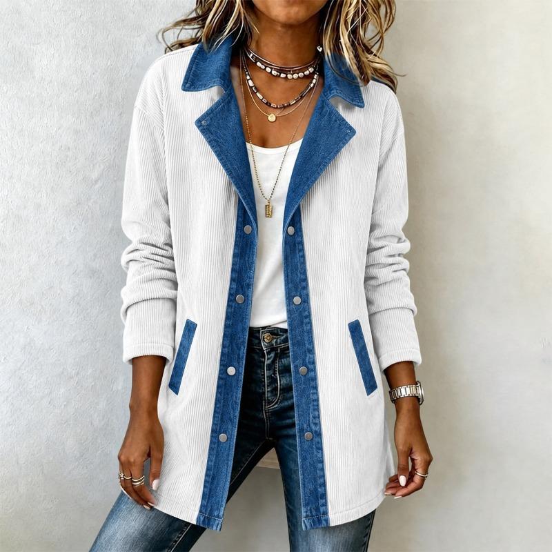 Autumn Women s Jackets & Coats Fashion Elegant Long Sleeved Denim Patchwork Coat Lapel Button Loose Basic Jackets S белый