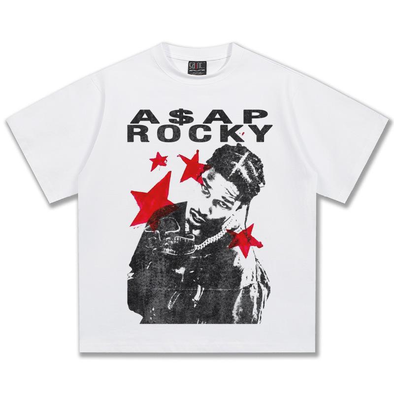 ASAP Rocky Red Stars Graphic TShirt Unisex Oversized Hip Hop Rapper Casual Cotton Short Sleeve Trendy Y2K Oversized for Daily XL