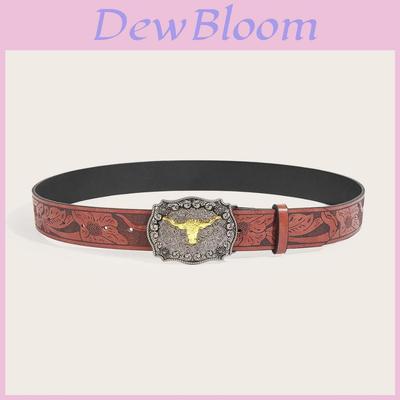 Western Cowboy Style Pu Belt With Cow Head Buckle For Casual Fashion Accessories