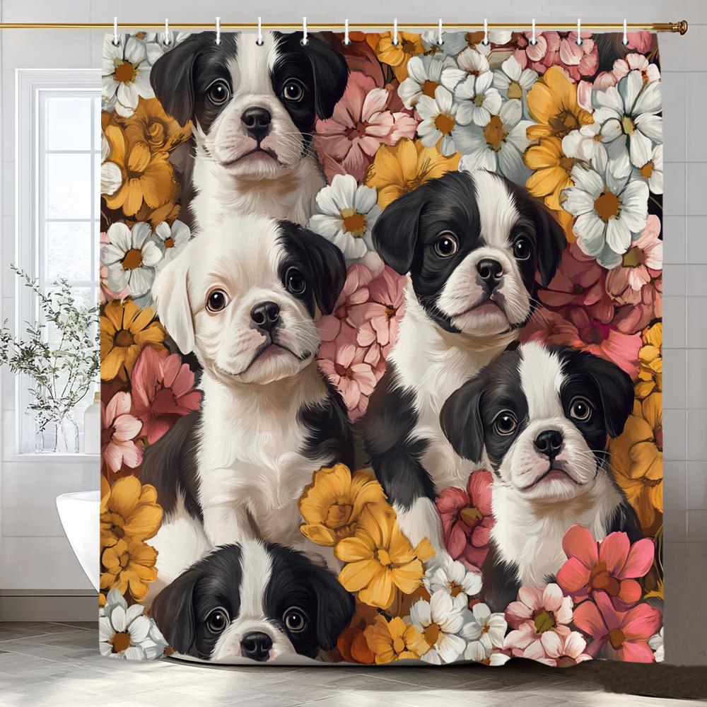 Cute Cats and dogs in the garden Shower Curtain, Bathroom Decorative Shower Curtain, Waterproof Shower Curtain with Hooks