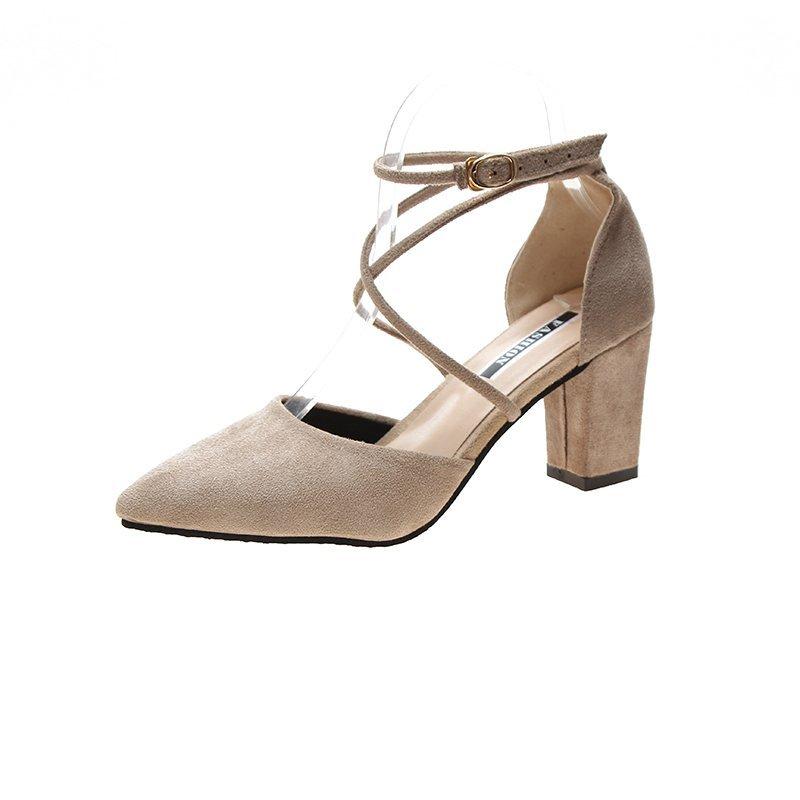 

Fashion High Heels Women s Summer Block Heel Pointed Toe Shallow Cross Lace-up Roman One Buckle Strap Hollow Sandals 39