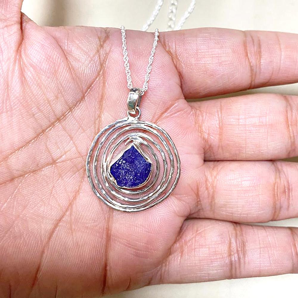 Roher Tansanit-Anhänger mit Kette, reines 925er Sterlingsilber, handgefertigter Schmuck