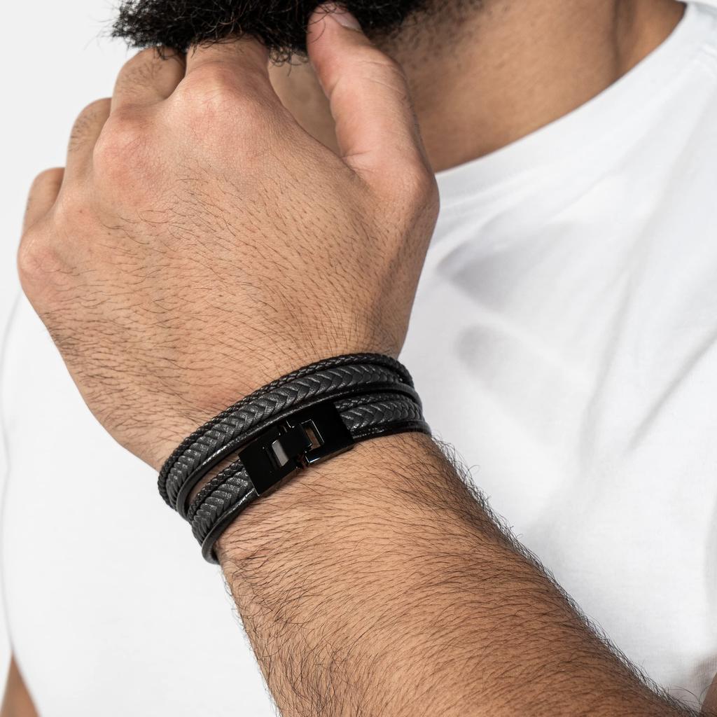 Lærarmbånd 40cm Svart Armbånd Menn Gaveeske Ekte Lær Lær Flettet Justerbar Magnetisk Lås Flerlags Wrap Tau Mann Gutt Armbånd
