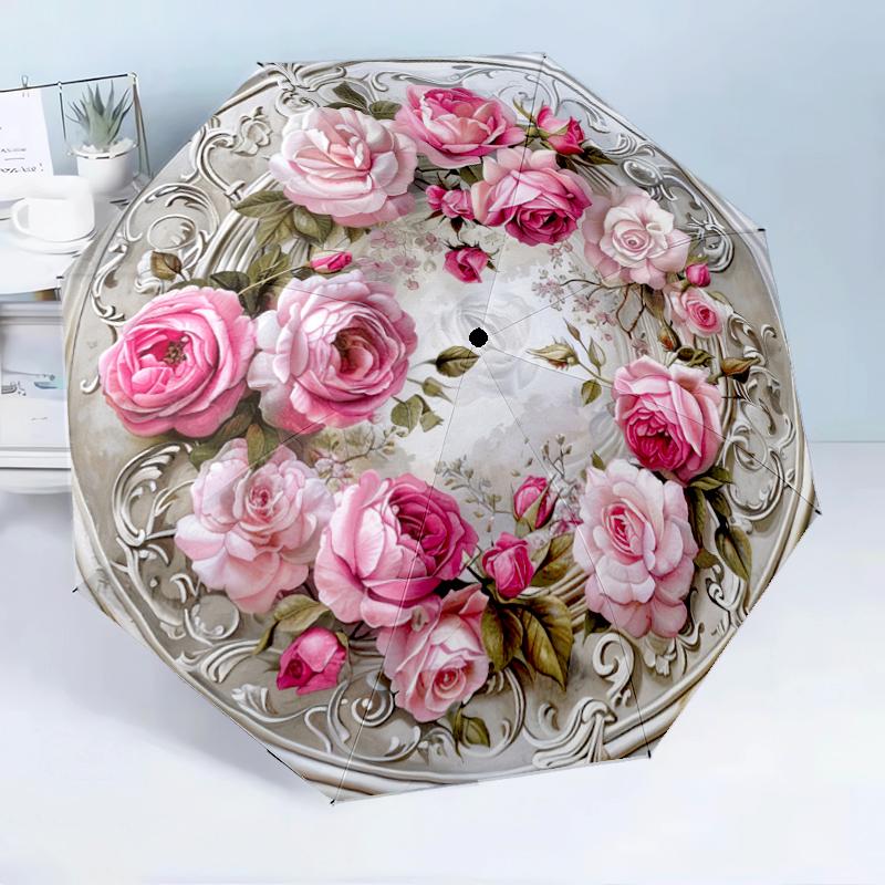 Floral Elegance In Pink Roses 8-Frame for Travel, Camping, Casual Lightweight Portable Umbrella, Essential for Every Family Holidays Birthday Gift