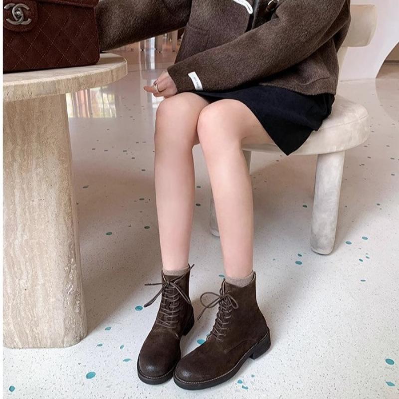 Shoes suede lace-up versatile round head thick heel Martin boots women's autumn and winter