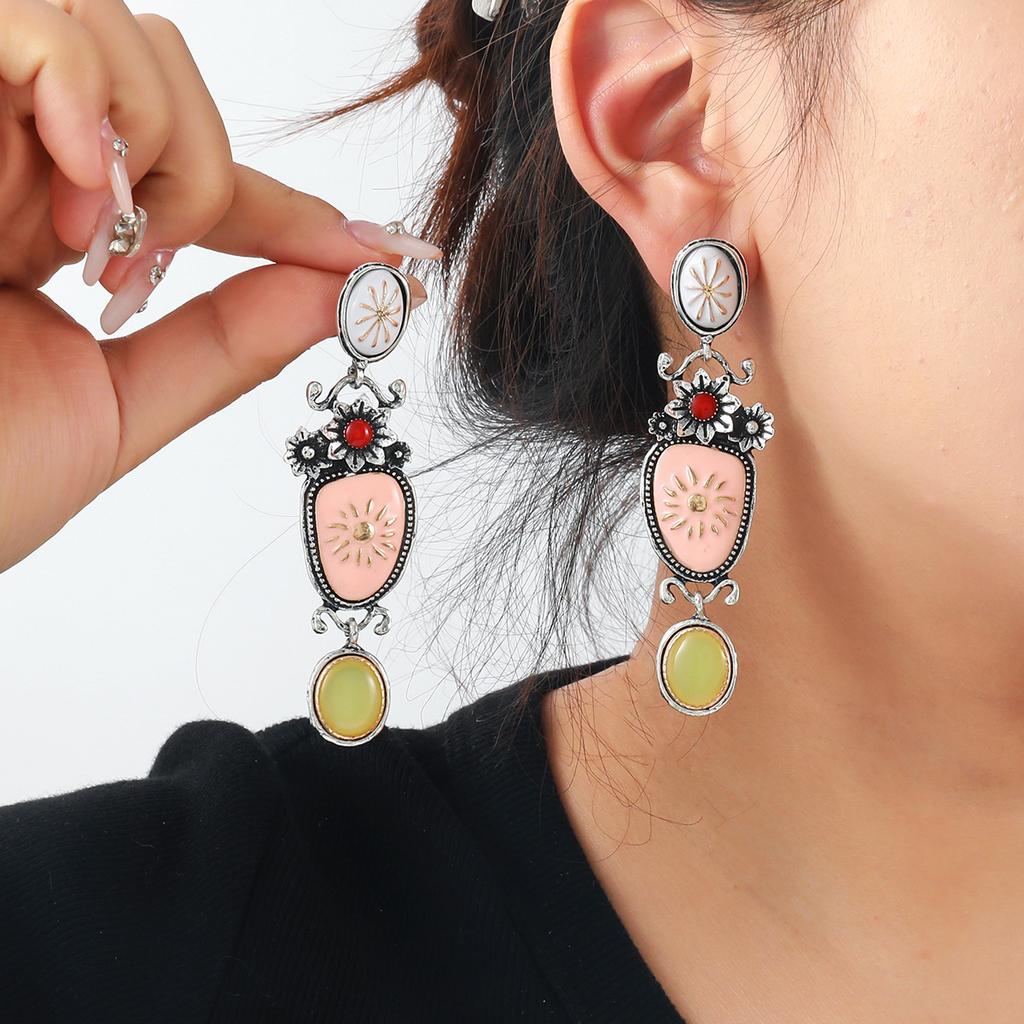 Exaggerated luxury vintage floral pendant earrings, bohemian style summer women's earrings