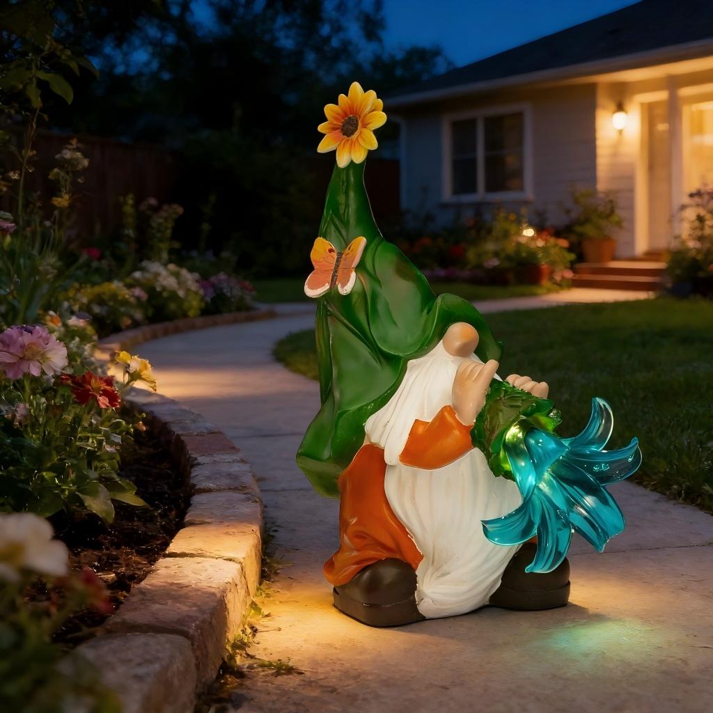 Solar LED Lighted Garden Gnome Resin Statue - Outdoor Funny Decor for Home Patio Lawn Yard - Collectible Figurine Gift