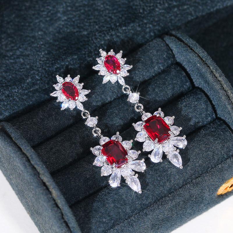 925 Sterling Silver Red CZ Hanging Flower Earrings for Women Engagement Wedding Party Elegant Earrings Fashion JewelryGood product