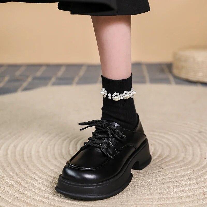 Classic Pumps for Women Lace Up Hoof Mid Heels Round Toe Oxford Shoes Woman Solid Leather Platform Shoes Pumps