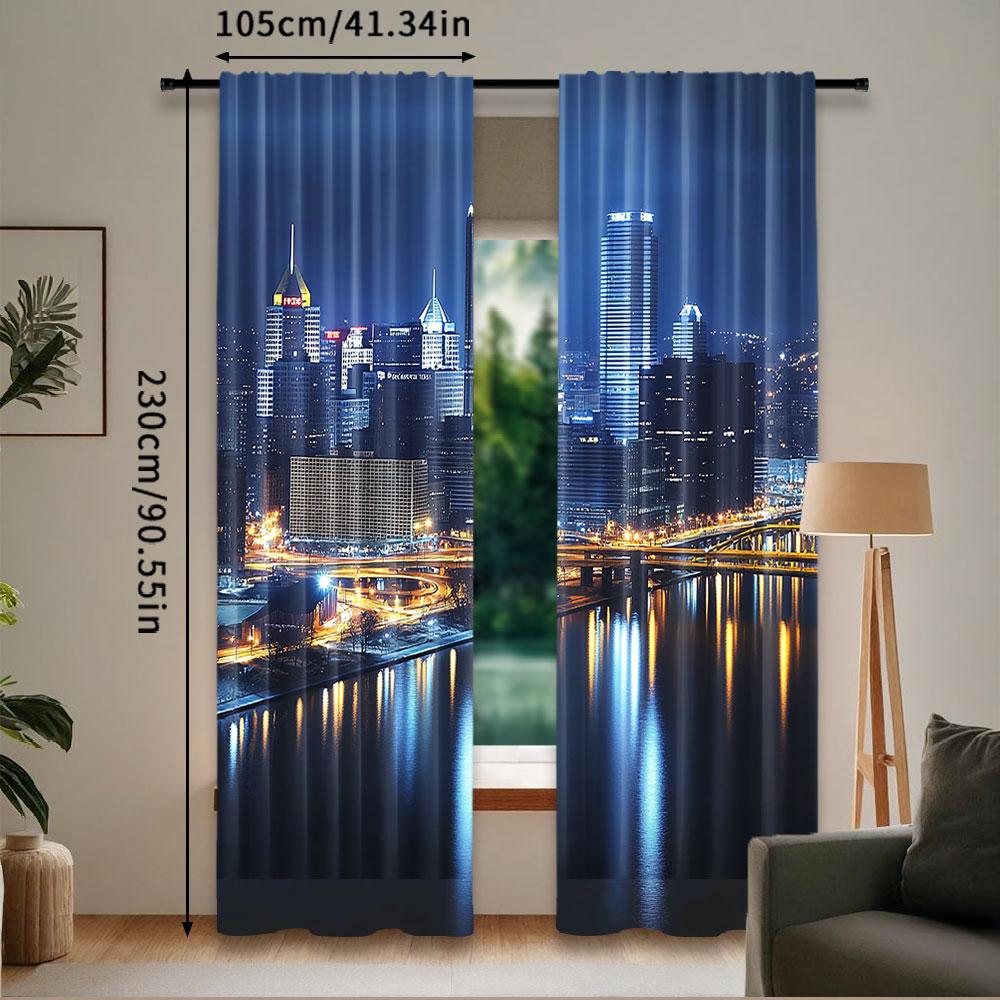2 ks Závěs s městskou krajinou Mrakodrapy Centrum Pittsburghu Americká noční silueta Obchodní město Scenérie Pro ložnici Obývací pokoj