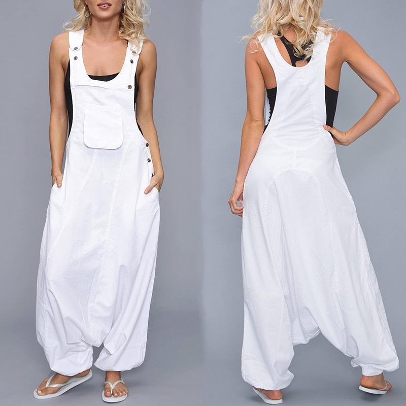 Women Loose Solid Tank Jumpsuit Long Suspender Overalls Bib Pants Pocket Sleeveless Wide Leg Pants S-5XL