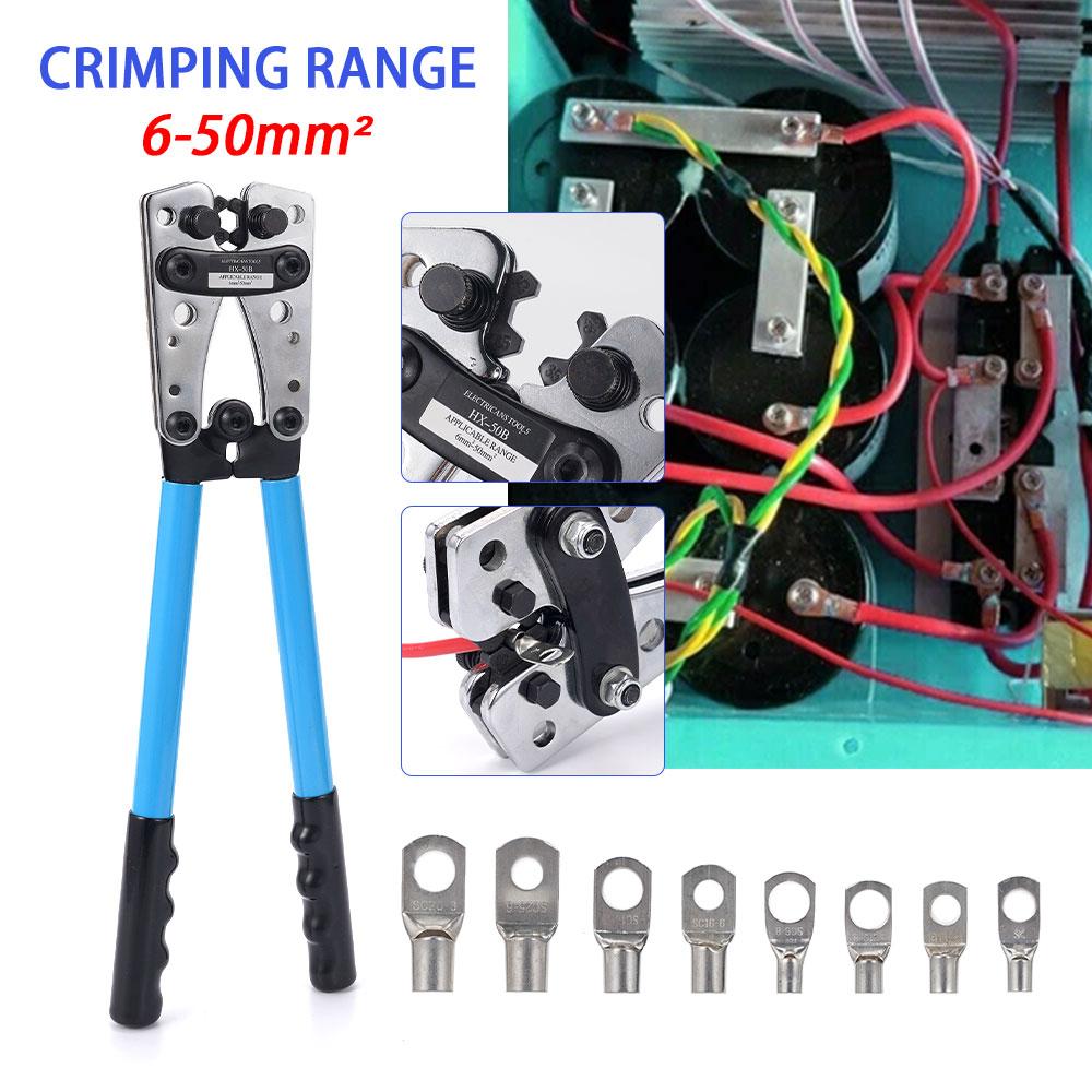HX-50B Crimping Plier 6-50mm AWG 1-10 Cat Auto Copper Ring Bare Cable Battery Terminals Lug Crimping Tool Cable Terminal Plier