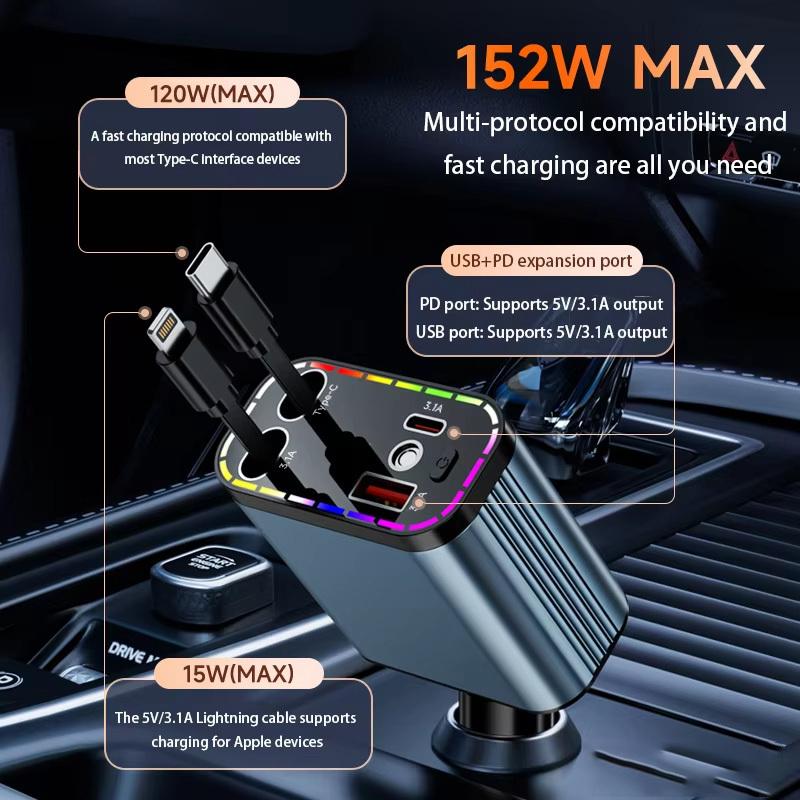 ZRGAE 5 IN 1 Retractable Car Charger 152W Fast Charging Starry Sky LED Lights USB Type-C Power Adapter For iPhone Android