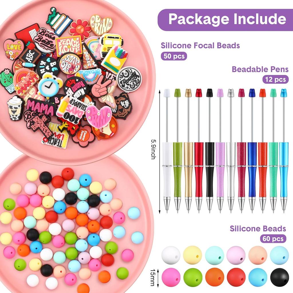 122 Pcs Silicone Focal Beads for DIY Pens Making Kit Include 12 Beadable Pens 110 Silicone Focal Beads for Pen Keychains DIY Making