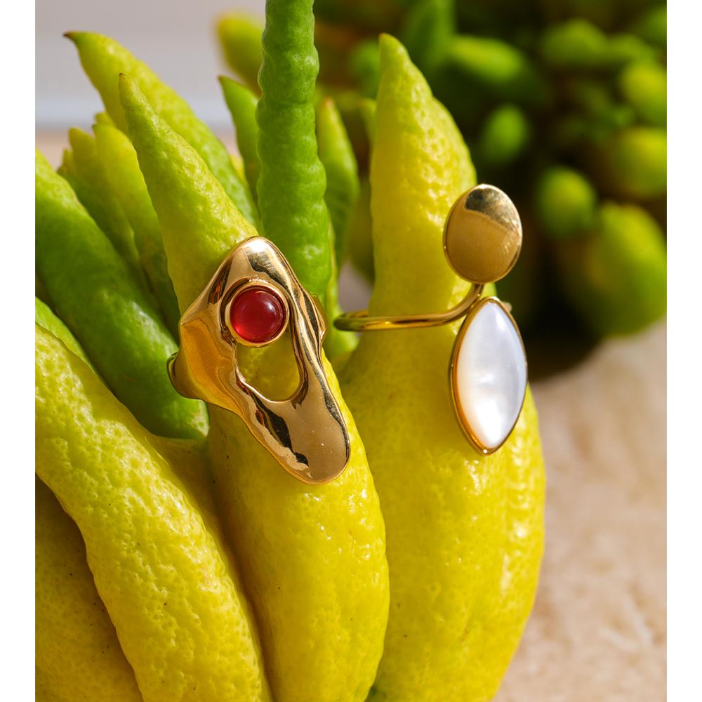Eetit Red Agate Stone Shell Geometric Golden Ring Rust Proof PVD Plated Stainless Steel Chic Trendy Jewelry Wholesale
