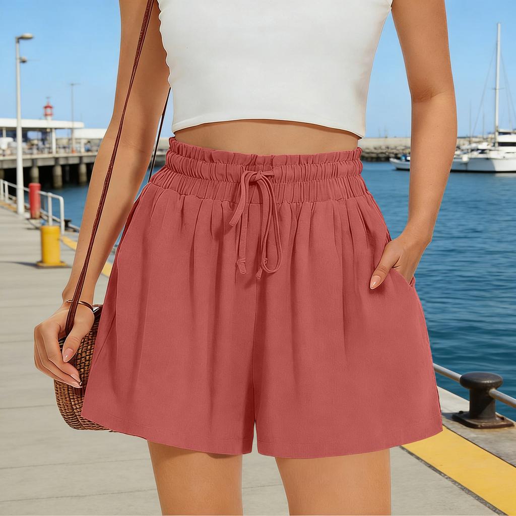 Modische Damen Farbe Elastischer Bund Tasche Lässig Locker Baumwolle Leinen Shorts