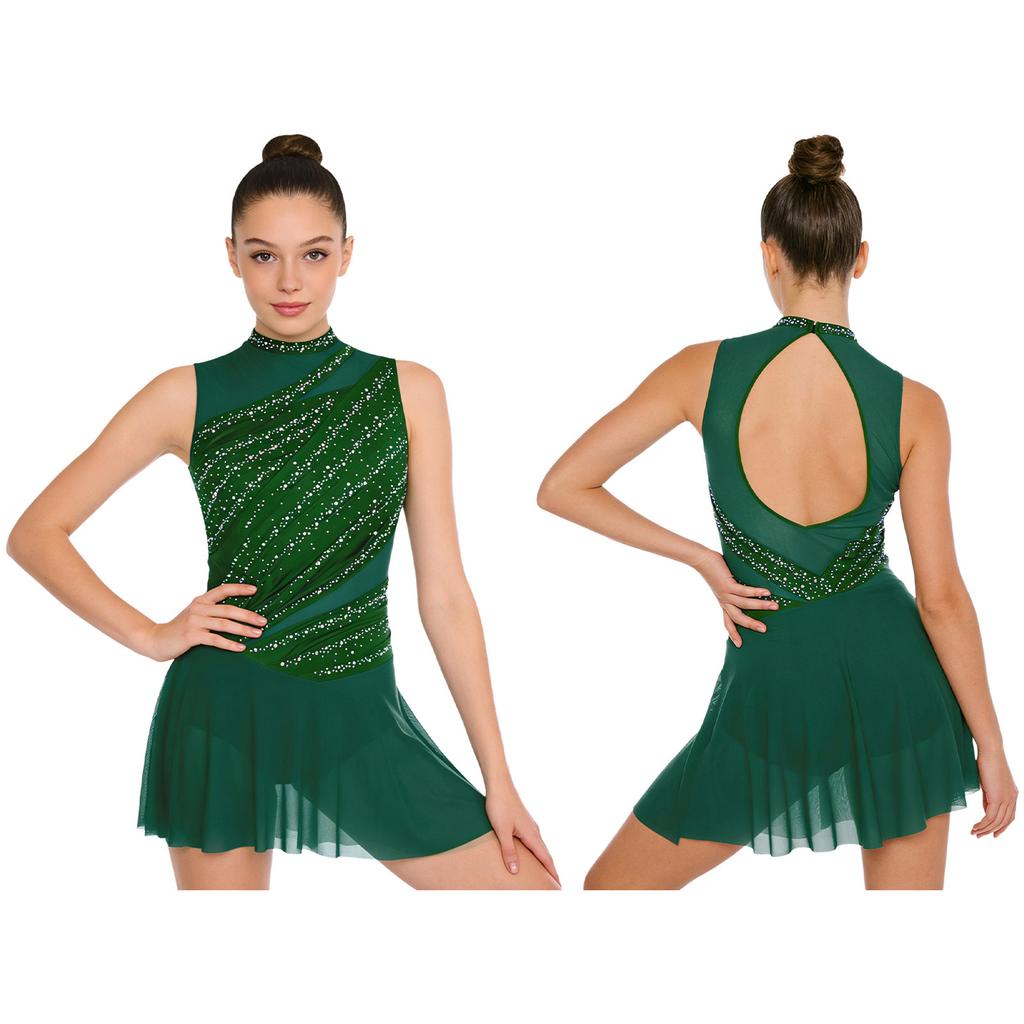 Womens Gymnastics Ballet Lyrical Dance Leotard Dress Rhinestone Embellished Mesh Skirt Dress Modern Contemporary Dance Costume