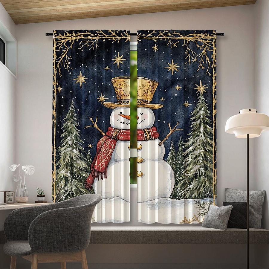 2 pieces - Retro Christmas snowman print curtains   Christmas decorations   home decorations   room decorations