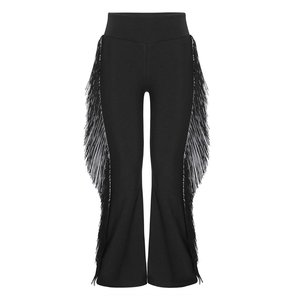 Chłopięce spodnie do tańca latynoamerykańskiego elastyczny pas z frędzlami styl dzwonów spodnie do występów ballroomowych