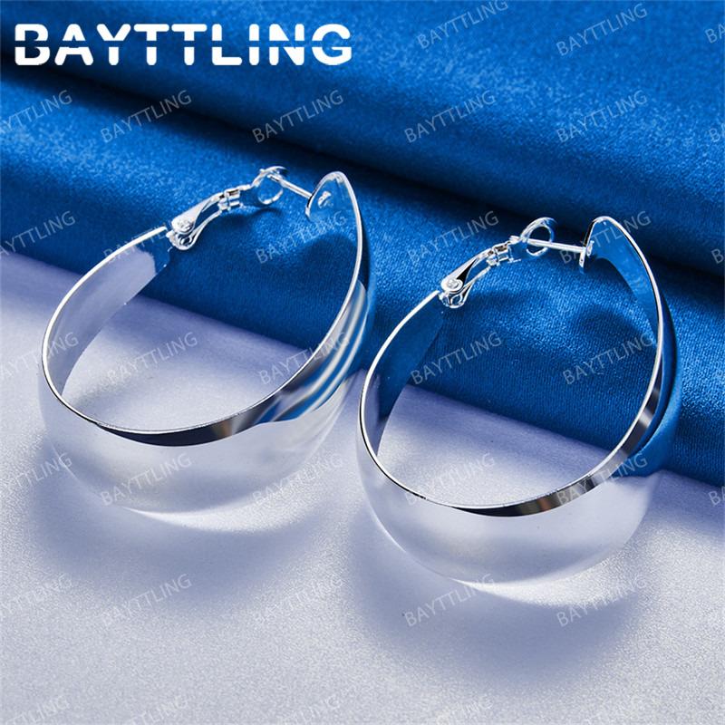 Luxury 925 Sterling Silver 35mm Smooth U-Shaped Earrings for Women Fashion Accessories Wedding Jewelry