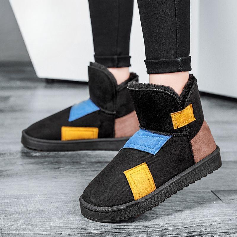 Winter 2026 Men's Color Block Snow Boots Fleece Lined Warm Anti Cold Couples Shearling Integrated Thick Sole Casual Korean Style