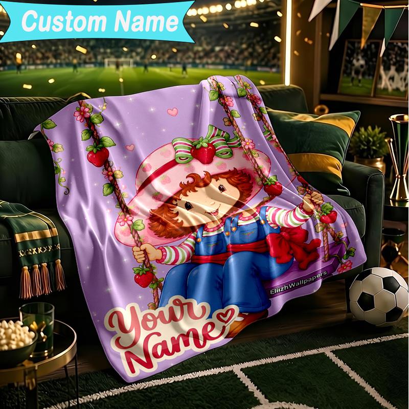 1PC Custom Name Blanket Straw-berry Sweet Moment Flannel blankets Patterns Throw Blanket All-Season Soft Gift for Couch, Bed, Camping, Birthday gifts