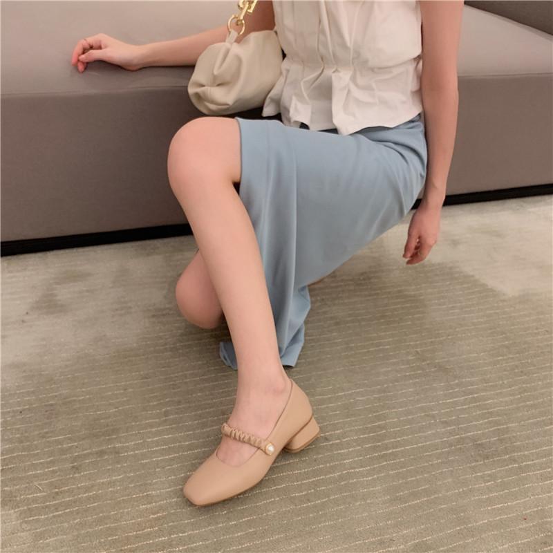 Tjock klack enkelskor sommar och höst små läderskor fe-skor fyrkantig tå hög klack pärl-Mary Jane-skor