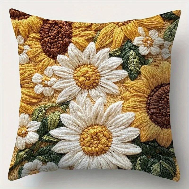 3D Embroidered Daisy Pattern Home Decor Pillowcase Living Room Sofa Polyester Cushion Cover with Zipper