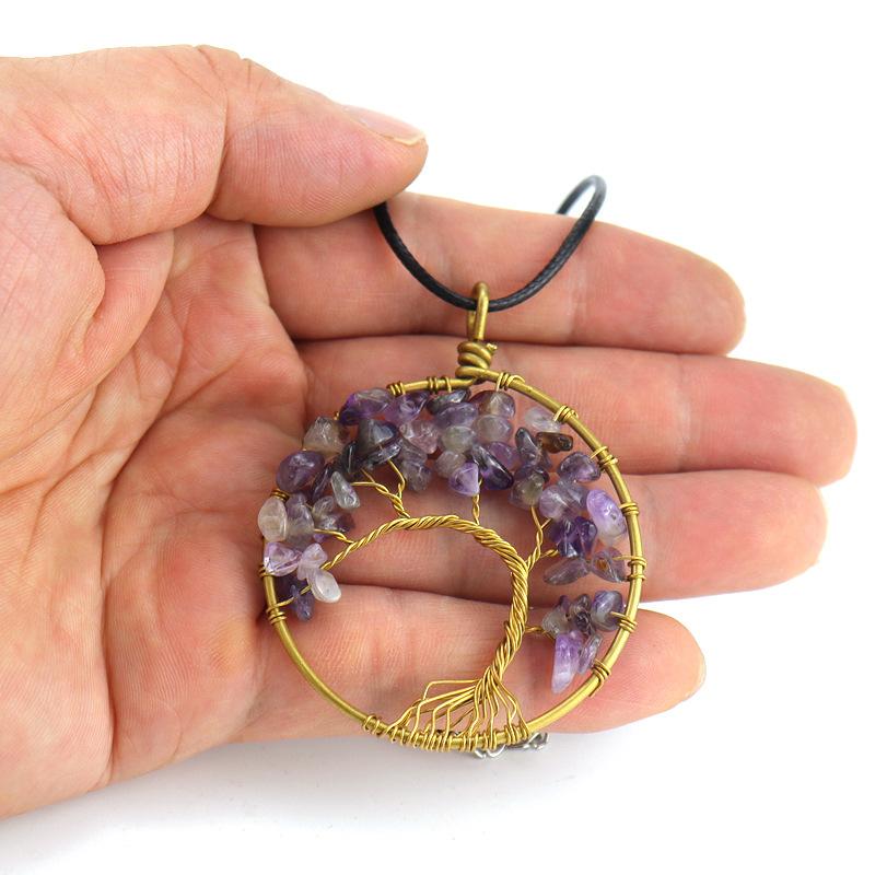 Hand-Wound Natural Gravel Crystal Pure Copper Curved Tree Of Life Pendant Necklace N43