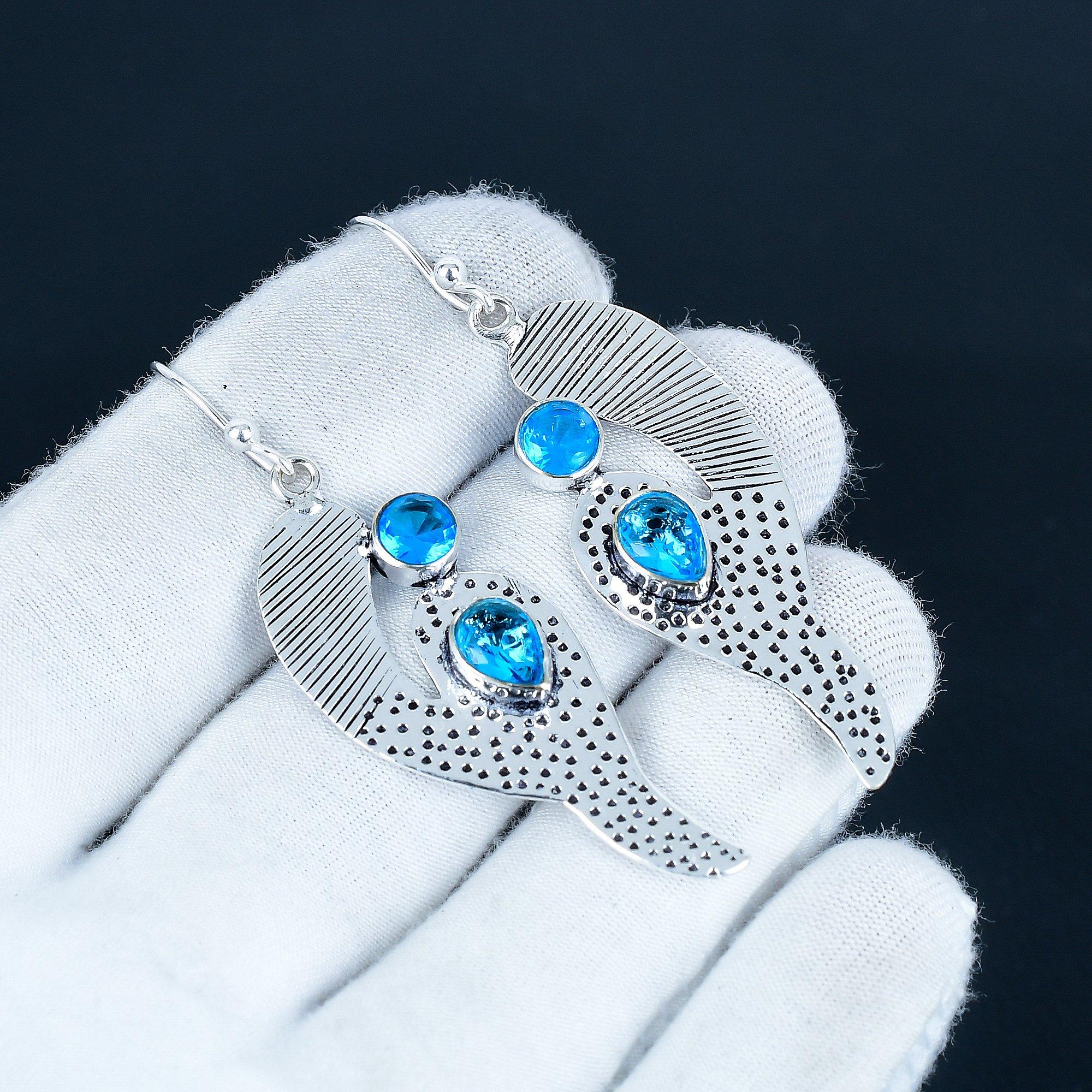 

Красивые серьги с драгоценными камнями голубого топаза, серьги из стерлингового серебра 925 пробы, серьги-подвески ручной работы в стиле бохо, серебряные украшения, подарок на День святого Валентина 7 Cm синий