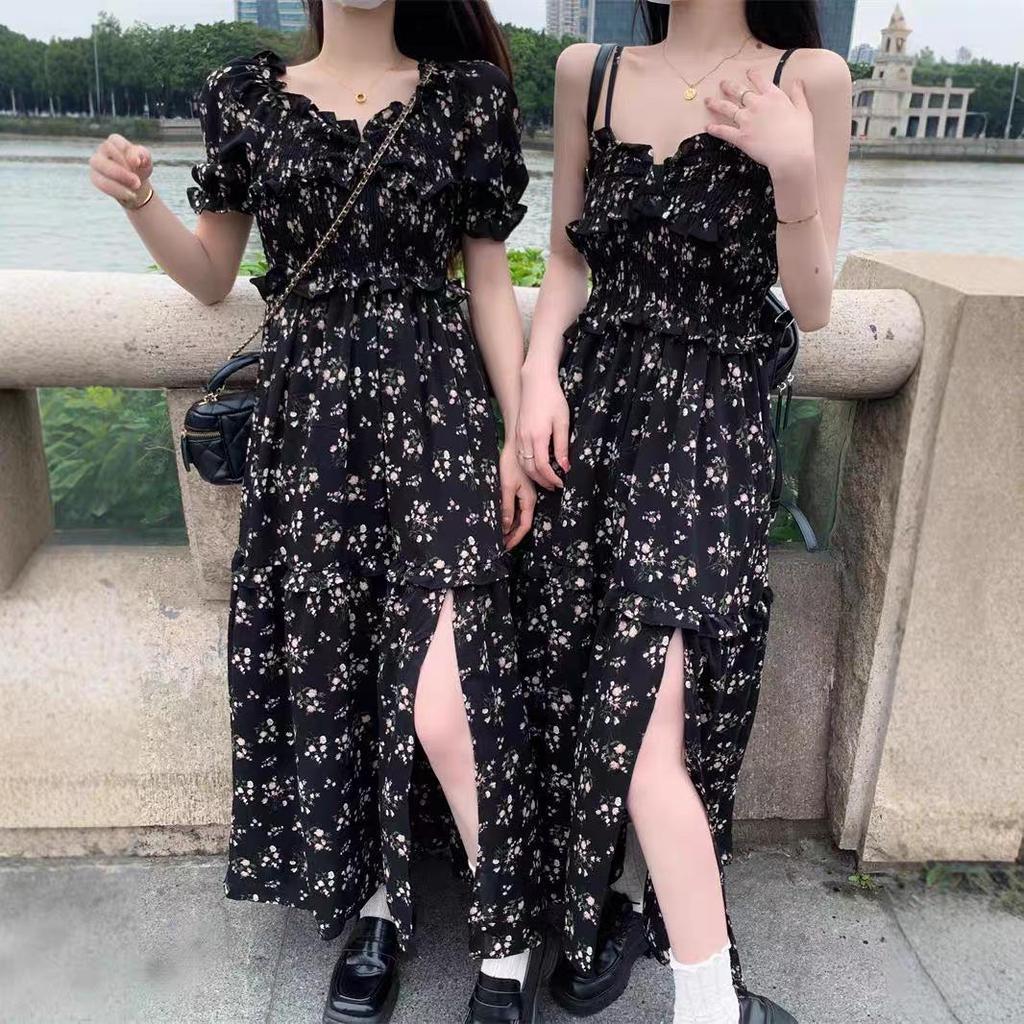 Chiffon Floral Summer Dress for Women - 2025 Design with Slimming Waist, Slit, and Square Neckline