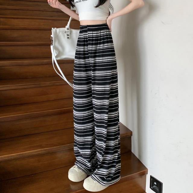 

Plus Size Women s Black & White Striped Wide-Leg Woolen Pants - High Waist, Pleated, Casual, Loose Fit. XXL