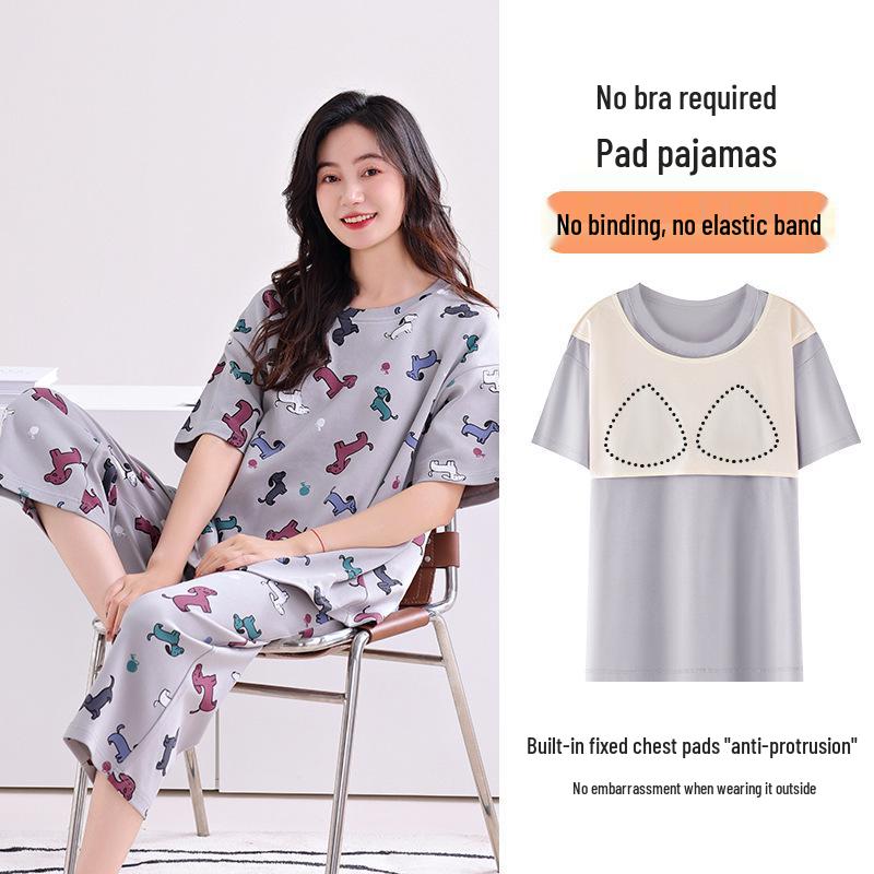 Women's Antibacterial Cotton Pajamas with Built-in Bra Pads - Short Sleeve, Cute & Comfortable Summer Loungewear Set