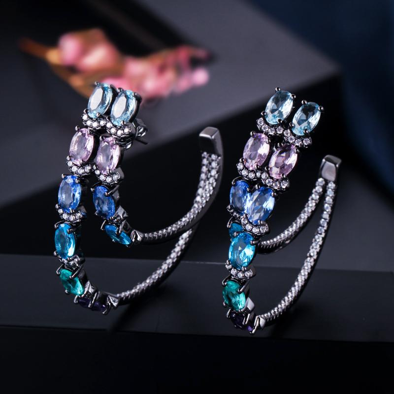 WWJ New Fashion Design Black Golden Color Bohemian Multicolor Zircon Double Hoop Earrings