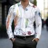 Camisa de Hombre con Cuello Blanco Multicolor Acuarela Hierba Silvestre Estampado Floral Manga Larga Botones Arriba