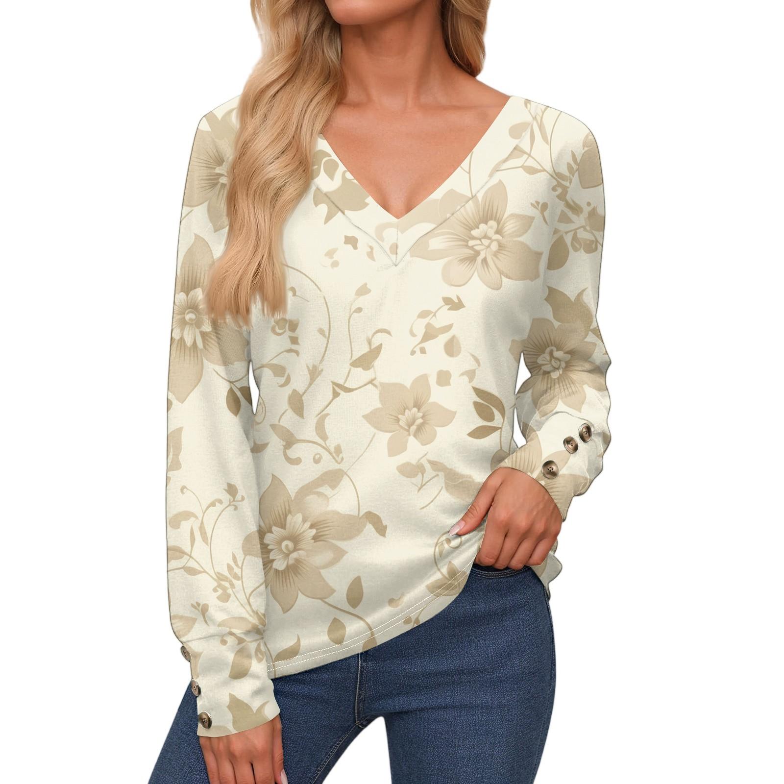 

Women s Tops Long Sleeve Cuffs Button-Up Shirt V-Neck Casual Loose Tee Floral Tops L бежевий